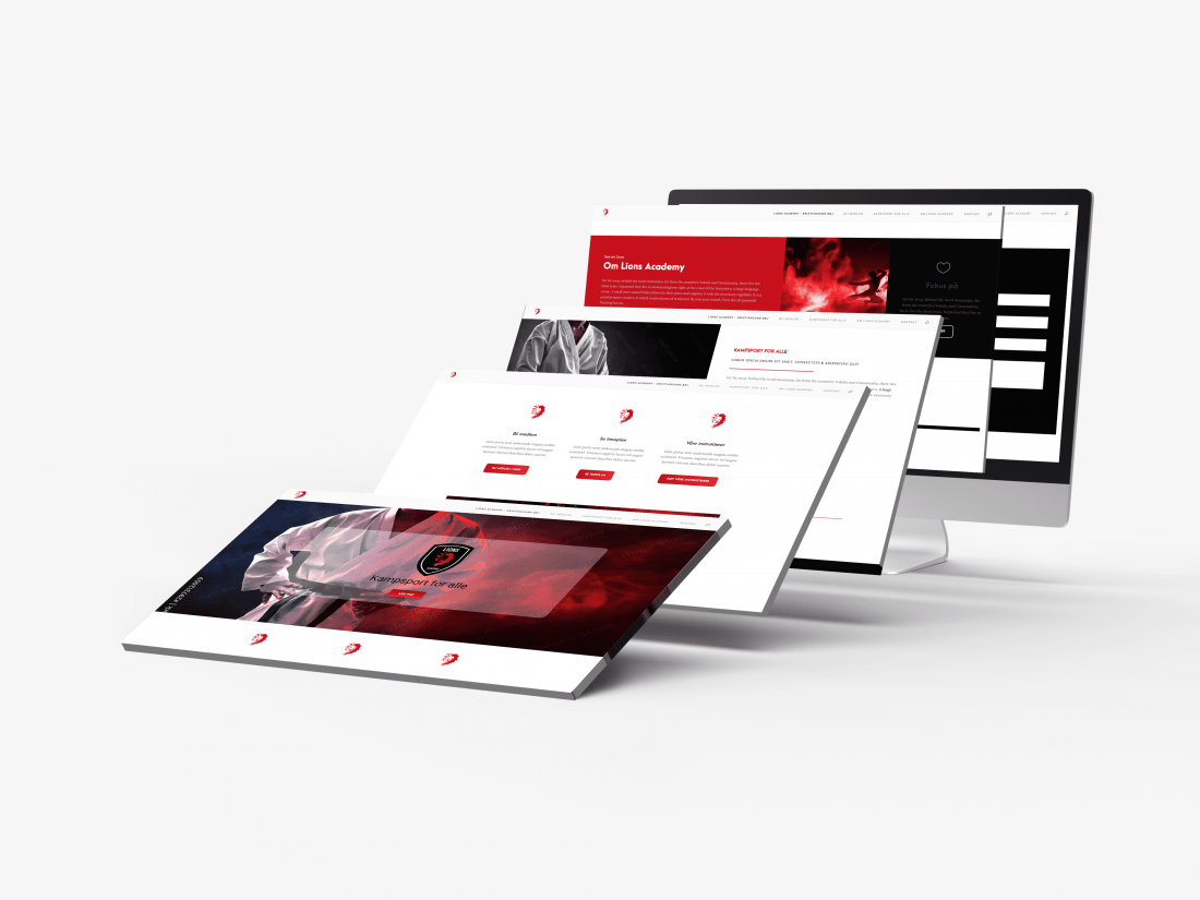 mockup av nettsiden til lions academy - Hele forsiden på skjermer som står i rekke