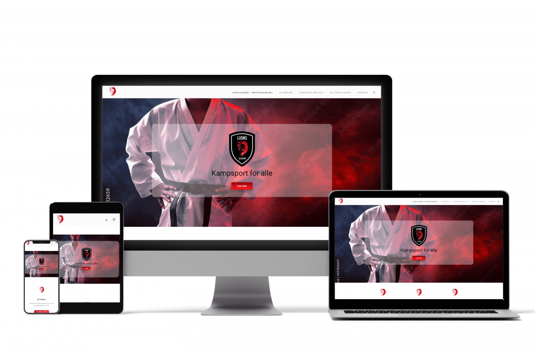 mockup av lions academy sin nettsideforside på desktop, laptop, mobil og nettbrett