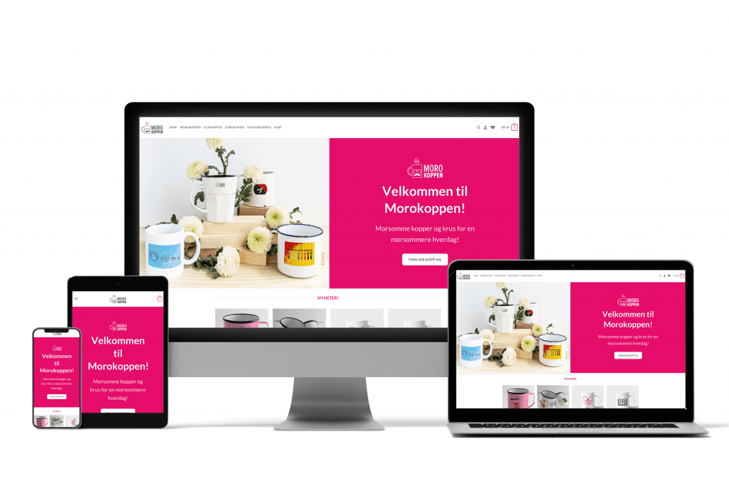 mockup av landingsside for nettbutikken morokoppen.no på ulike skjermer