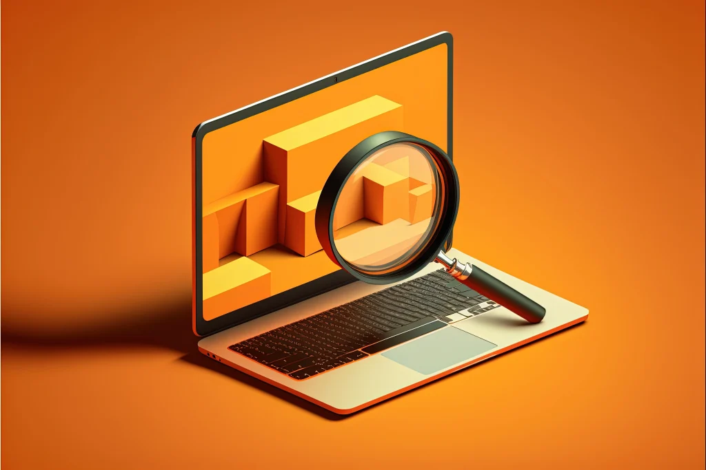 Laptop og forstørrelsesglass for å illustrere søkemotoroptimalisering og core web vitals